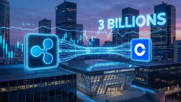 Illustration conceptuelle de l'alliance entre Ripple et Coinbase pour offrir des contrats à terme aux investisseurs institutionnels.