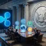 Illustration d'une table de négociation entre l'entreprise Ripple et la SEC concernant la régulation des stablecoins.