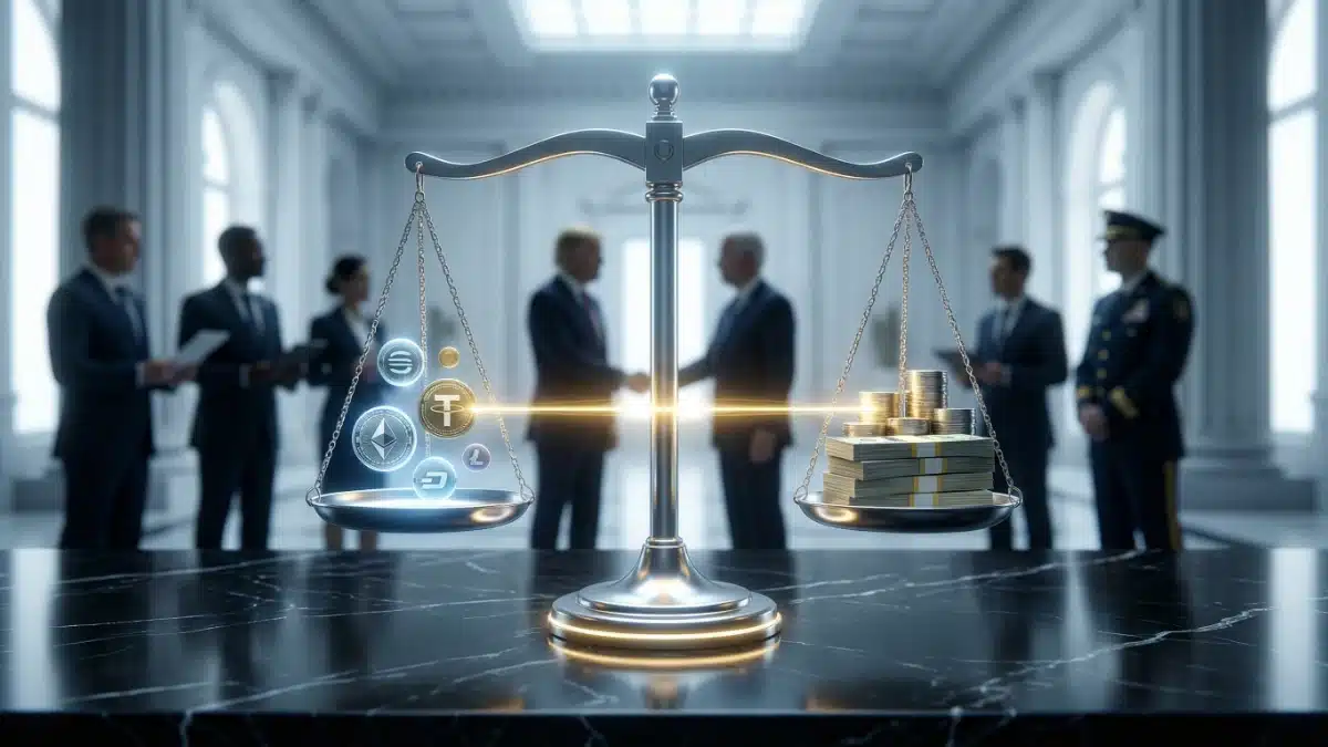 Illustration conceptuelle d'une balance high-tech équilibrant parfaitement des cryptomonnaies (stablecoins) avec de l'argent traditionnel et des garanties financières, symbolisant les négociations entre Ripple et la SEC.