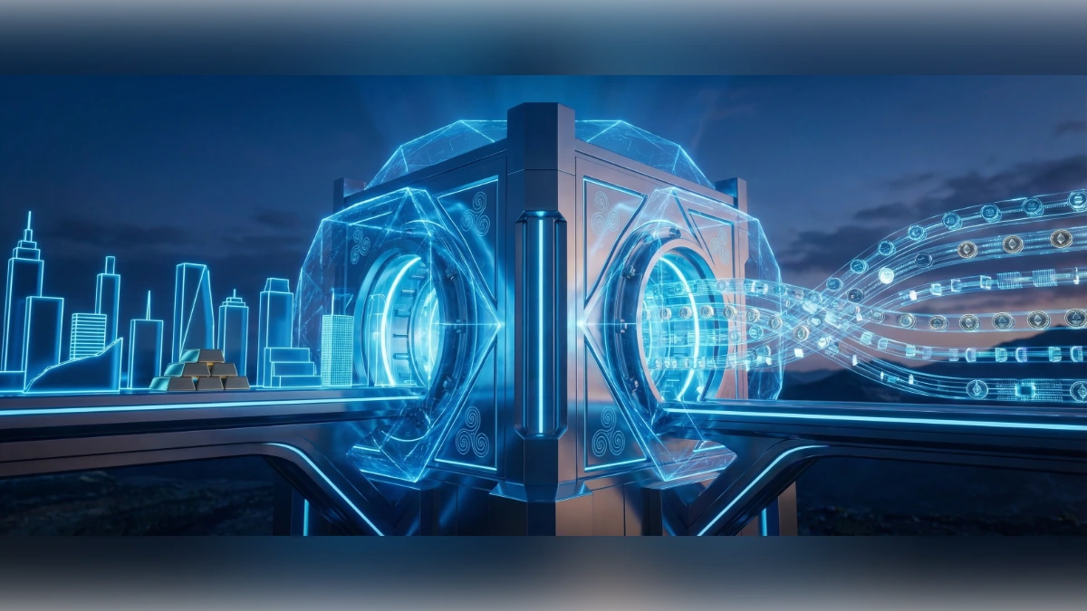 Illustration abstraite et futuriste d'une forteresse numérique sécurisée transformant des actifs tangibles en flux de jetons numériques, symbolisant la priorité de Ripple sur la garde institutionnelle et la tokénisation des RWA.