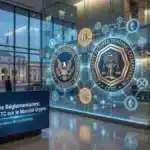 Illustration conceptuelle de la coopération entre la SEC et la CFTC pour réguler le marché des cryptomonnaies à Washington.