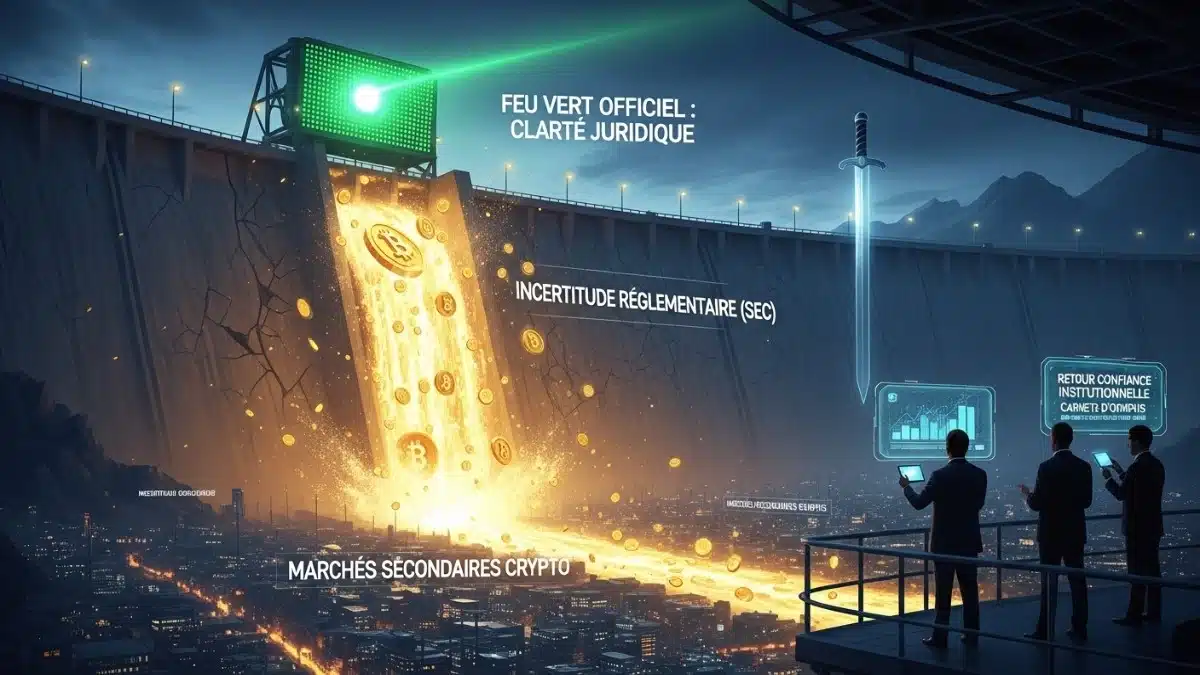 Illustration conceptuelle d'un barrage réglementaire qui s'ouvre sous un feu vert géant, libérant un flux massif de liquidités dorées vers les marchés crypto et symbolisant le retour de la confiance institutionnelle.