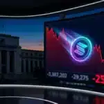 Illustration du jeton Solana en chute libre face à la politique stricte de la FED sur le marché crypto.