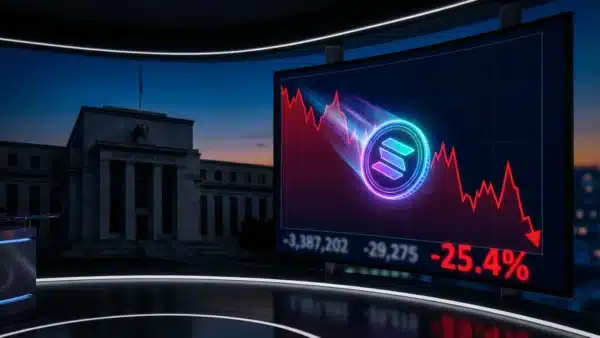 Illustration du jeton Solana en chute libre face à la politique stricte de la FED sur le marché crypto.