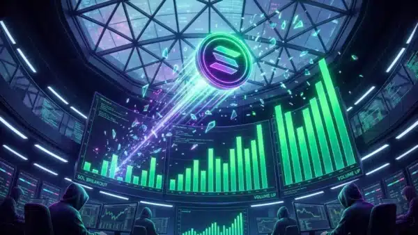 Illustration de la crypto SOL brisant ses résistances avec des volumes d'échange records sur le réseau Solana.