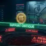 Illustration de la crypto SOL de Solana en équilibre précaire sur son support, menacée par un Long Squeeze.