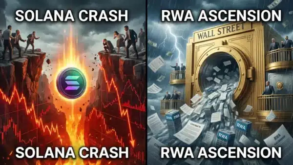 Illustration du jeton Solana chutant face à la puissance institutionnelle de la tokenisation des RWA.