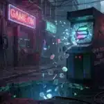 Illustration d'une borne d'arcade brisée affichant le logo Solana, symbolisant la fin des jeux crypto.