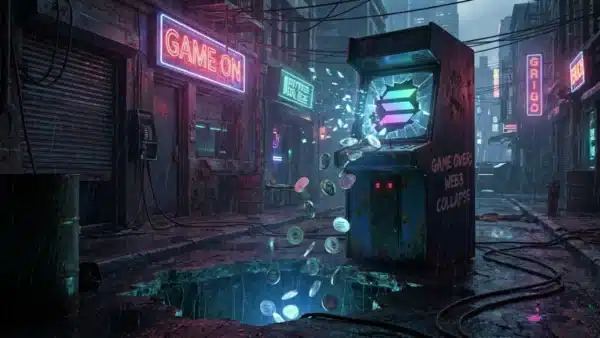 Illustration d'une borne d'arcade brisée affichant le logo Solana, symbolisant la fin des jeux crypto.