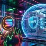 Illustration du jeton Solana rebondissant sur les marchés à côté de coffres-forts numériques très stables.