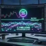 Graphique boursier illustrant la baisse du cours Solana vers 84 dollars, contrastant avec l'explosion de l'activité organique sur le réseau crypto.