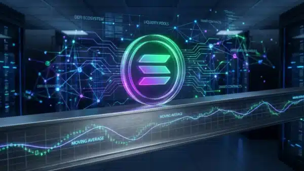 Illustration du jeton Solana rebondissant sur un support technique majeur avec un écosystème DeFi crypto en pleine croissance.