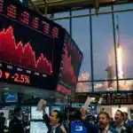 Illustration du marché boursier SP500 en baisse contrastant avec les rumeurs autour de l'entreprise SpaceX.