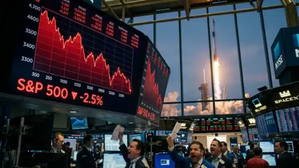 Illustration du marché boursier SP500 en baisse contrastant avec les rumeurs autour de l'entreprise SpaceX.
