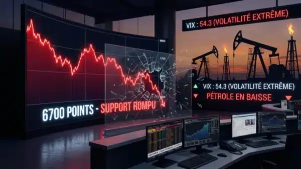 Graphique boursier illustrant la chute de l'indice américain SP500 vers le support des 6 700 points face à la crise du pétrole.