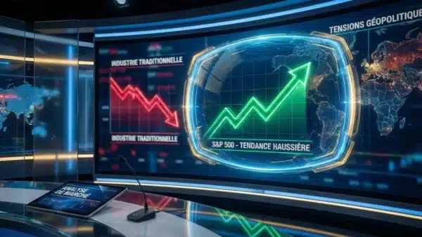 Graphique boursier illustrant la résilience de l'indice SP500 face aux crises mondiales grâce au secteur de la technologie.