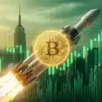 Illustration d'une fusée SpaceX transportant un jeton Bitcoin géant vers Wall Street pour son IPO.