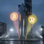 Illustration d'une fusée SpaceX entourée de symboles crypto (Bitcoin et Dogecoin), représentant les investissements d'Elon Musk.