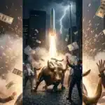 Illustration d'une fusée décollant à Wall Street pour l'IPO de SpaceX annoncée par Elon Musk.