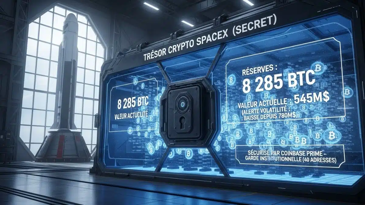 Illustration conceptuelle d'un coffre-fort spatial sécurisé chez SpaceX, révélant un trésor caché de 8 285 Bitcoins (545M$) sous la garde institutionnelle de Coinbase Prime.