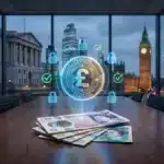 Illustration de la nouvelle réglementation de la Banque d'Angleterre imposant des règles strictes sur les stablecoins et préparant le Britcoin.