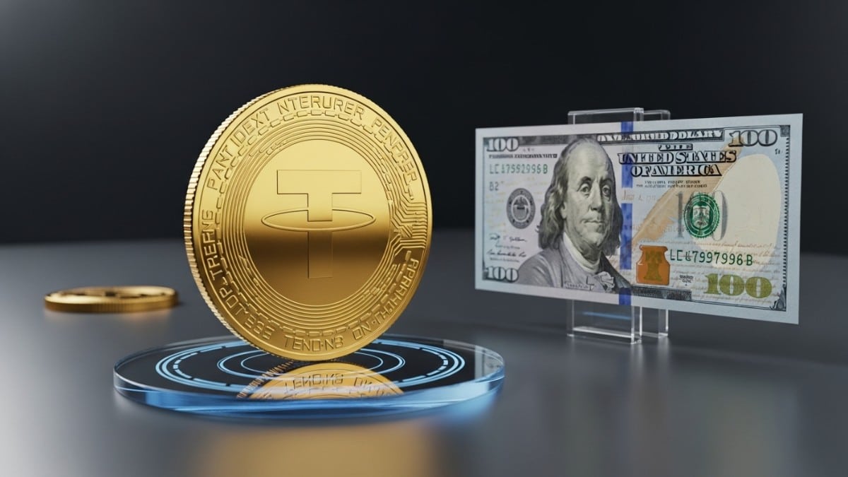 Une pièce virtuelle Tether en parfait équilibre face à un billet de dollar.