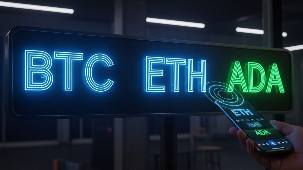 Un panneau d'affichage lumineux fait défiler les sigles BTC et ETH.
