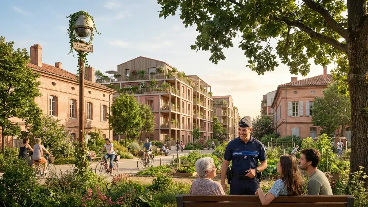 Illustration conceptuelle d'une ville de Toulouse verdoyante, alliant nouveaux logements écologiques, espaces publics débétonnés et police de proximité, en opposition à la surveillance technologique.