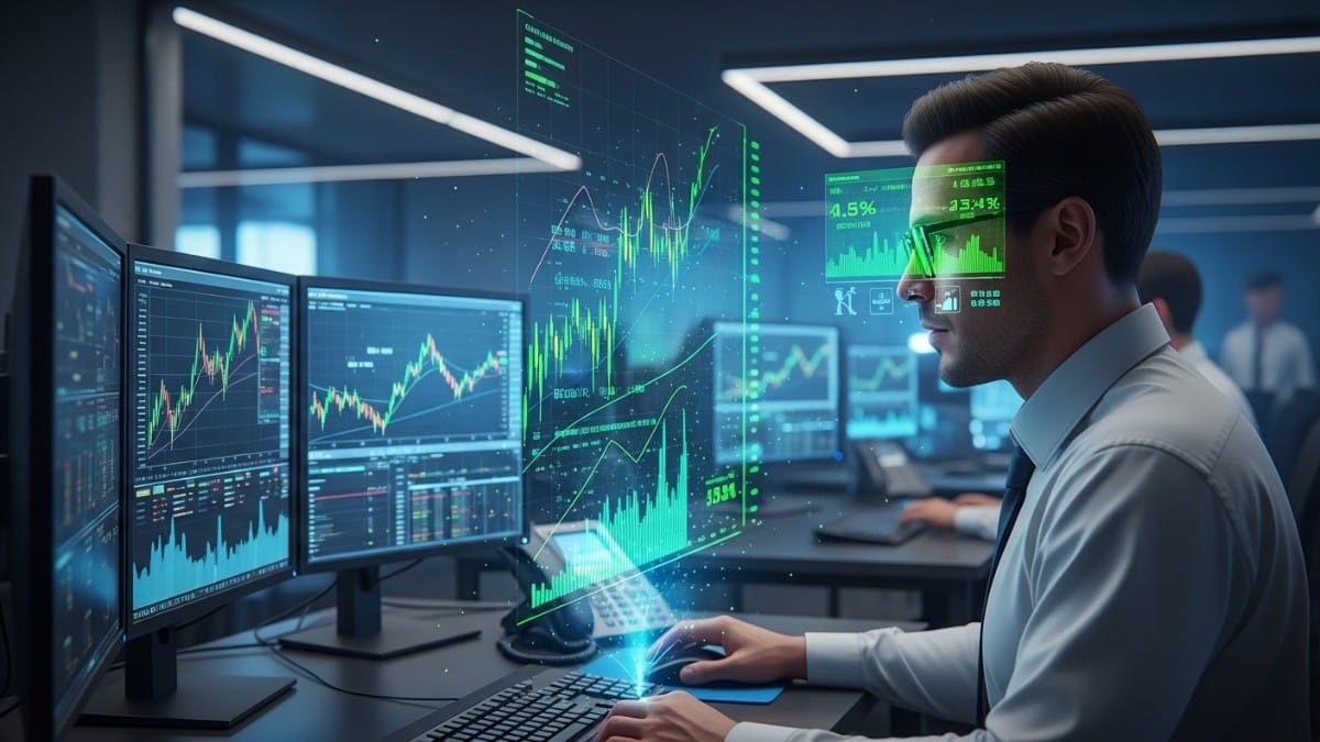 Un professionnel de la finance observe des courbes boursières holographiques.