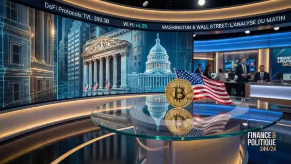 Illustration conceptuelle de la politique pro-crypto de Donald Trump transformant les Etats-Unis en leader mondial de la cryptomonnaie.