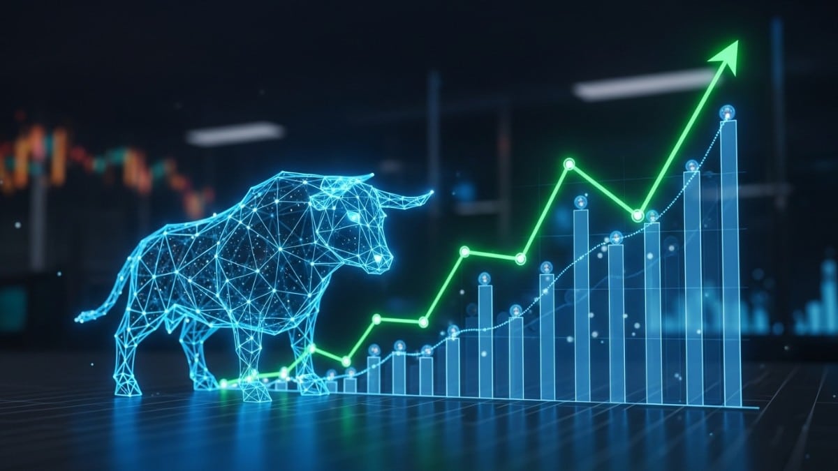 Un taureau holographique observe une courbe financière verte ascendante.