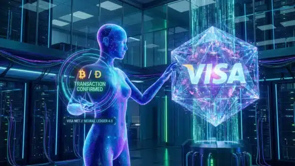 Illustration d'un agent IA effectuant un paiement crypto autonome sur le réseau Visa.