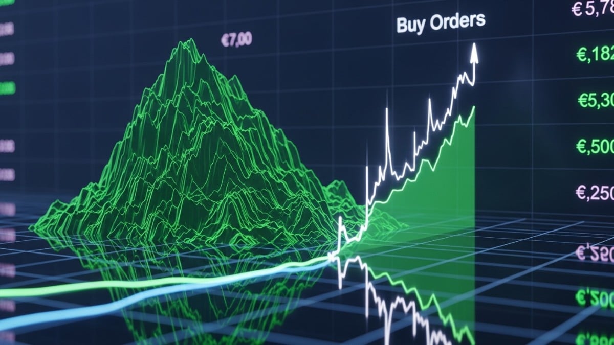 Un graphique de profondeur (Wall) affiche un mur d'achat massif bloquant la baisse des prix.