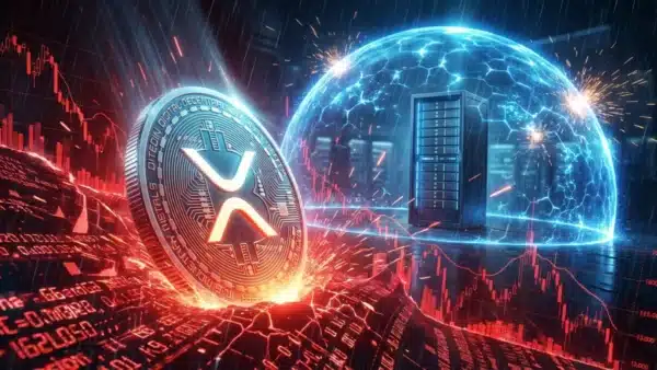 Illustration du jeton XRP en baisse pendant que l'infrastructure du réseau Ripple résiste.