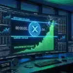 Graphique boursier illustrant le resserrement extrême du cours XRP (Bollinger Squeeze) face à l'explosion des volumes d'échange à Wall Street.