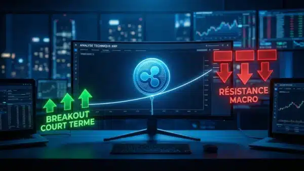 Graphique boursier illustrant le paradoxe du cours XRP, partagé entre une forte hausse à court terme et de lourdes résistances macroéconomiques.