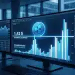 Graphique boursier illustrant la consolidation du cours XRP à 1,42 dollar accompagnée d'une forte explosion des volumes d'échange.