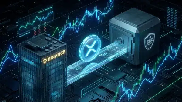 Graphique du XRP et logo Binance illustrant la baisse des réserves