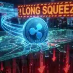 Illustration d'une pièce XRP brisant son support technique, symbolisant le danger d'une chute sévère et d'un Long Squeeze sur le marché crypto.