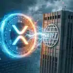 Illustration du jeton XRP affrontant le réseau bancaire SWIFT dans une bataille pour les paiements internationaux.