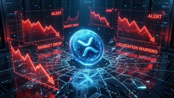 Illustration du jeton XRP plongeant lourdement sur les graphiques du marché crypto.