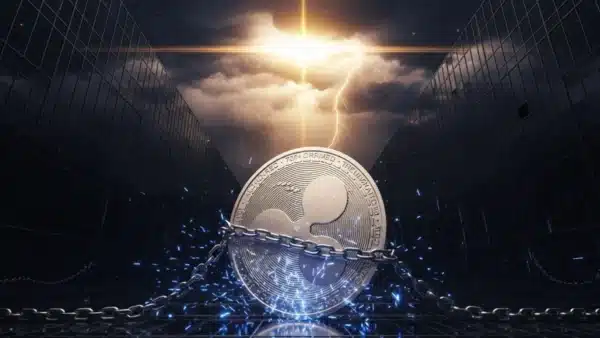Illustration cinématique du jeton XRP enchaîné dans une impasse boursière dans l'attente de l'approbation de son ETF institutionnel.