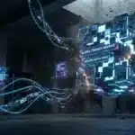 Illustration d'un cube de données financières numériques explosant, symbolisant une faille systémique pour la cryptomonnaie Aave.