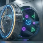 Coffre-fort numérique futuriste ouvert avec des formes géométriques néon symbolisant la sécurité du protocole DeFi Aave