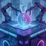 Représentation 3D d'un coffre-fort numérique DeFi recevant une pièce Ethereum lumineuse.