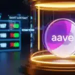 Un jeton Aave sécurisé dans un coffre-fort numérique lumineux, représentant la nouvelle gouvernance du DAO.