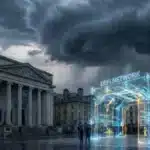 Illustration d'une banque centrale sous un ciel d'orage face à une structure holographique DeFi Network symbolisant la régulation des stablecoins.
