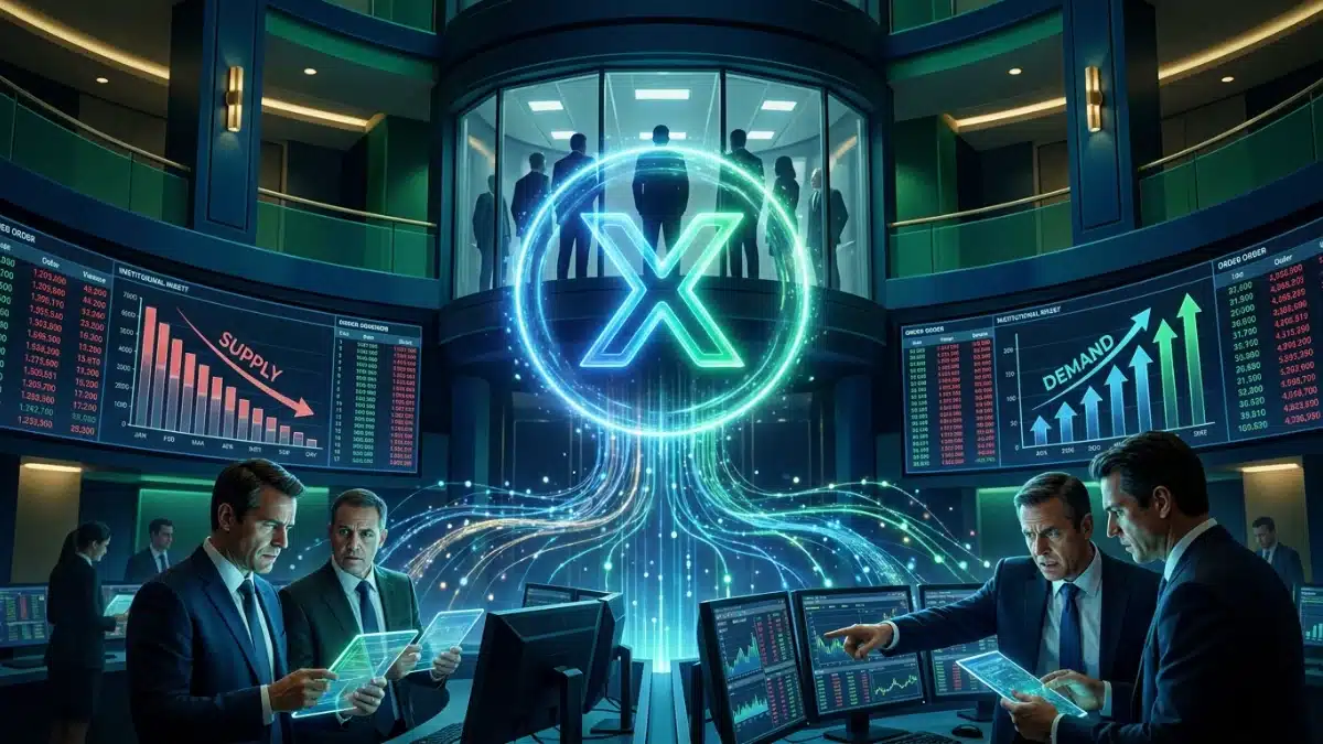 Représentation cinématographique de l'accumulation de XRP par des institutions financières avec des flux de capitaux et des graphiques boursiers.