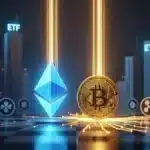 Photographie cinématique d'un échiquier numérique avec Bitcoin et Ethereum aspirant l'énergie des altcoins, symbolisant l'actu crypto et le marché crypto.