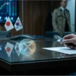 Pièce XRP holographique sur une table de réunion avec drapeaux français, japonais et sud-coréen